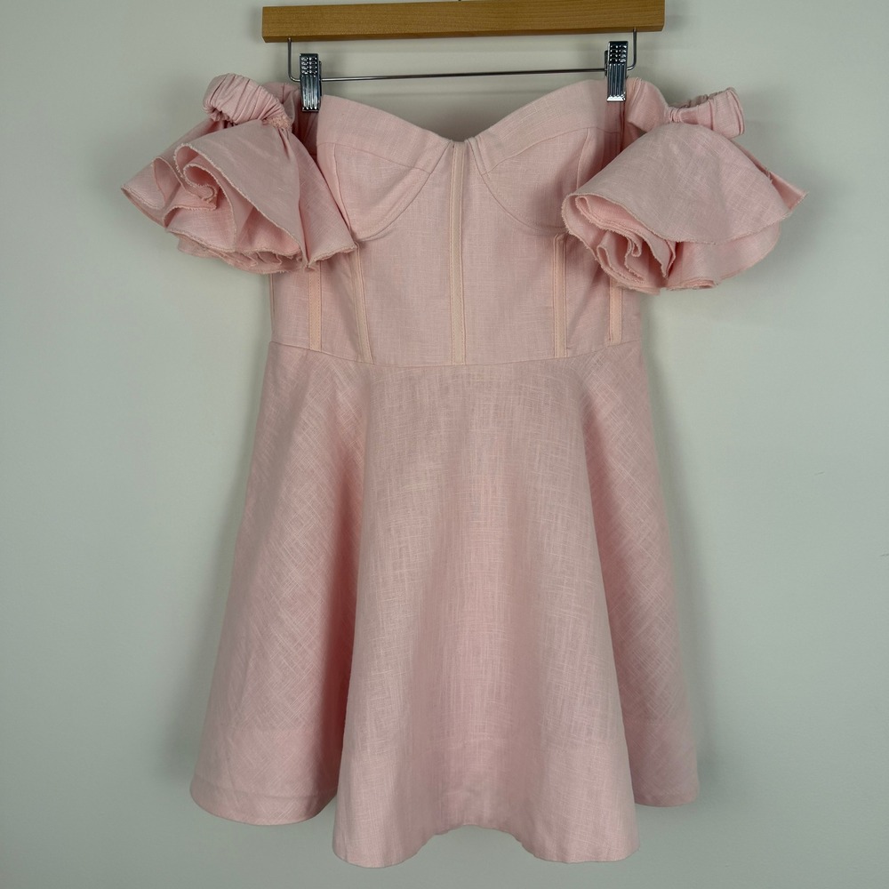 Bardot Pink Linen Corset‎ Mini Dress Women XL US 10 Ruffle Off Shoulder Coquette - Picture 5 of 9